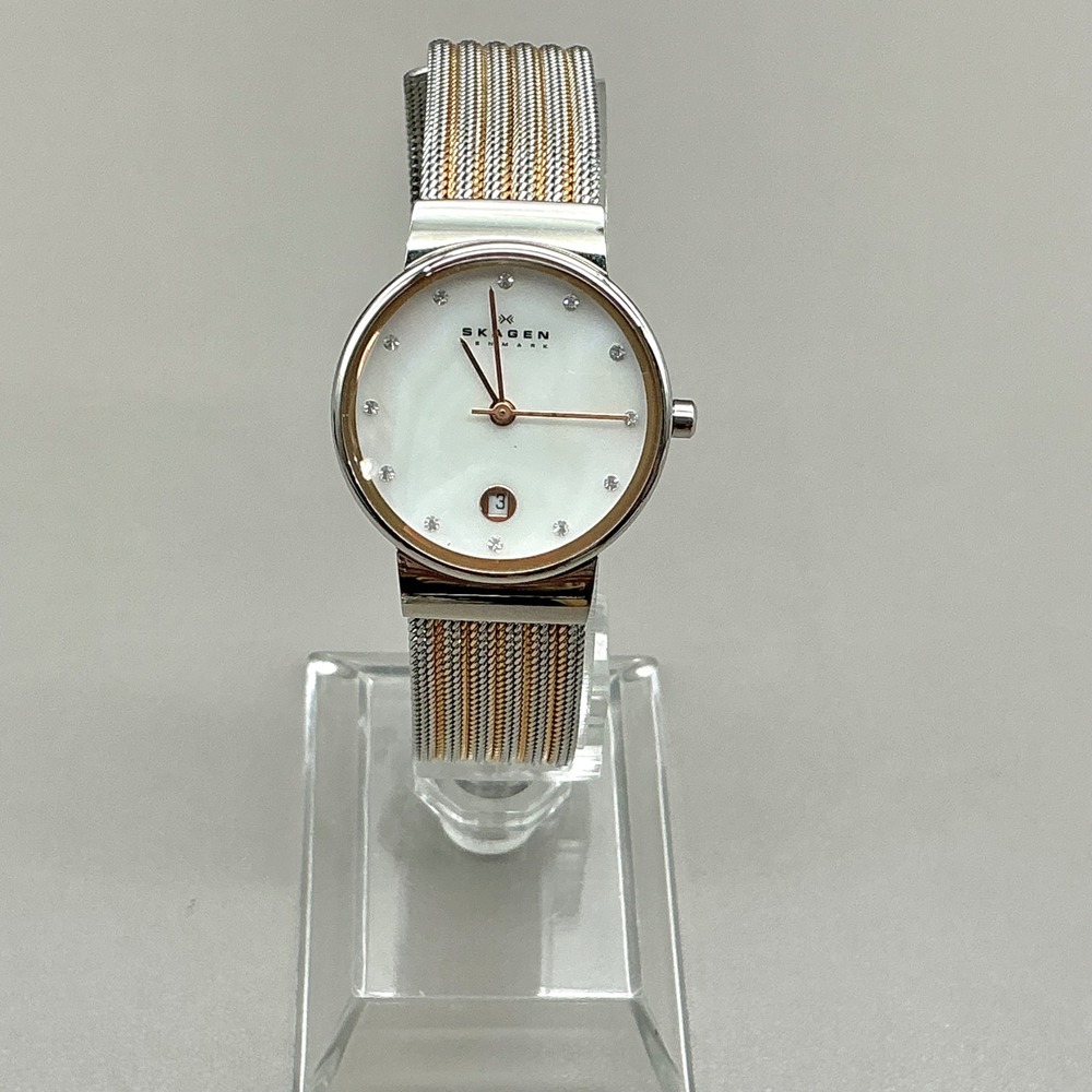 Skagen Watch Womens 355SRS Two Tone Mesh MOP Style Crystal Date NEW BATTERY